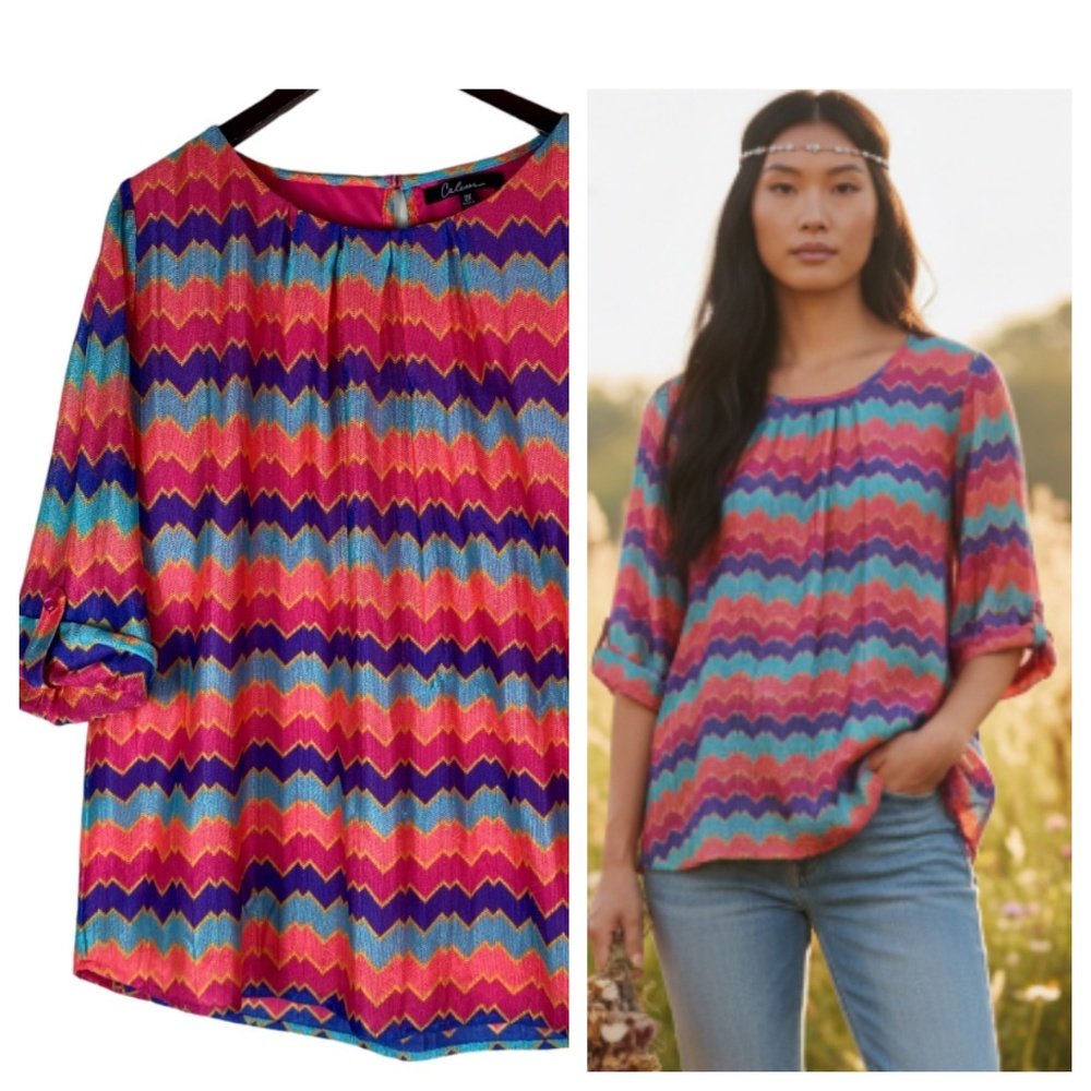Caleaas Sz 2X 18 20 XXL Top Tunic Shirt Chevron Stripe Vibrant Artsy